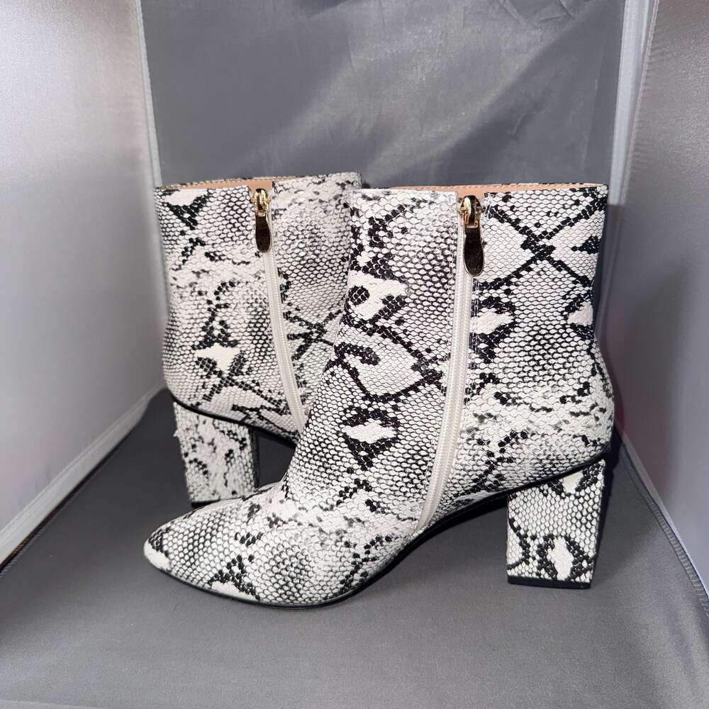 Wetkiss Faux Snakeskin Pointed Toe Block Heel Ankle Booties - Picture 3 of 9